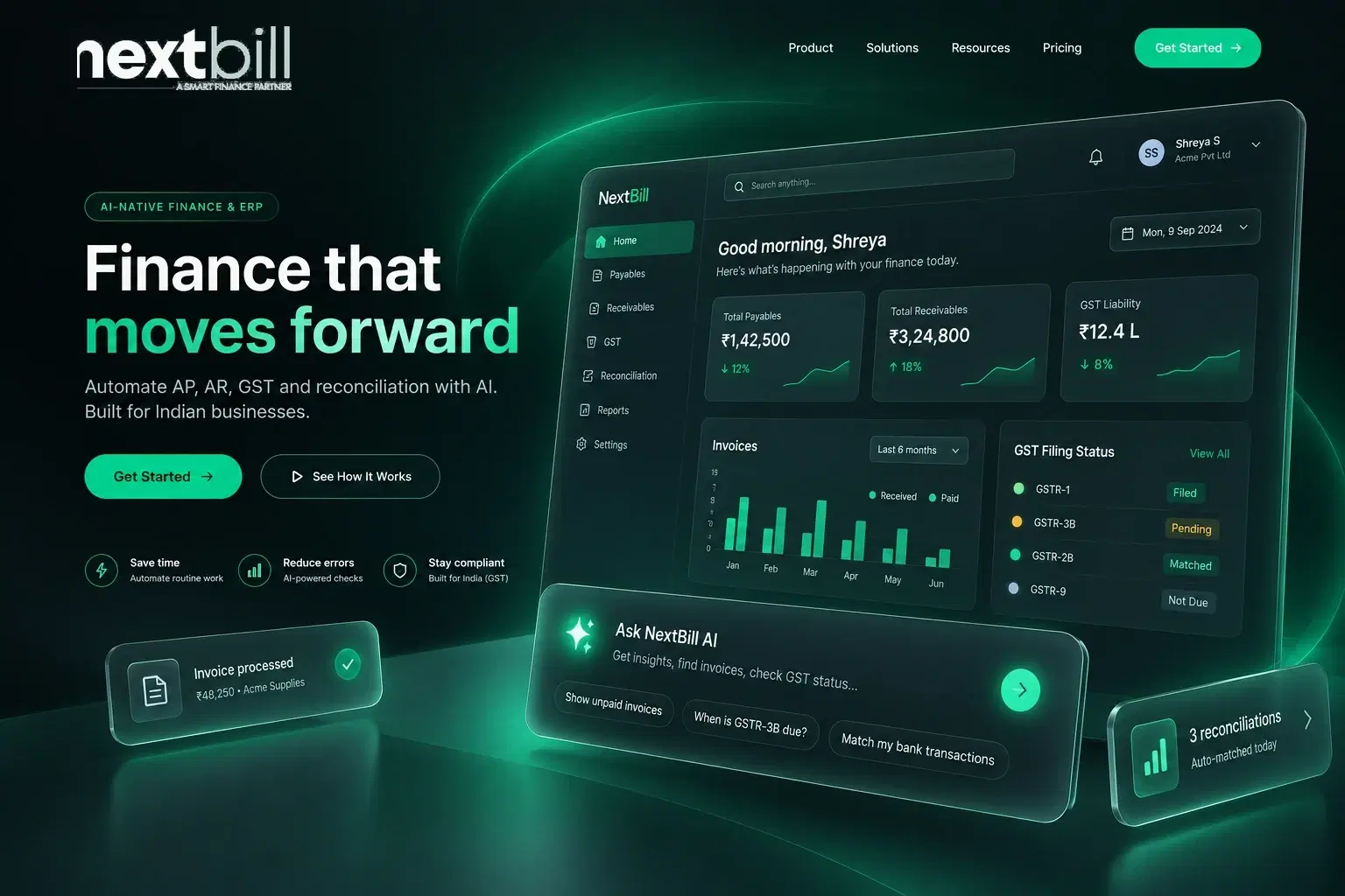 Illustrated NextBill dashboard with cash flow, invoice reconciliation and GST insights